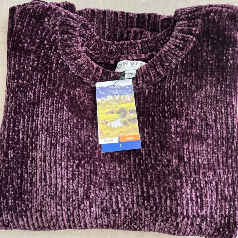 Orvis Women Chenille Sweater Purple Plum Crewneck Long Sleeve Chunky Knit